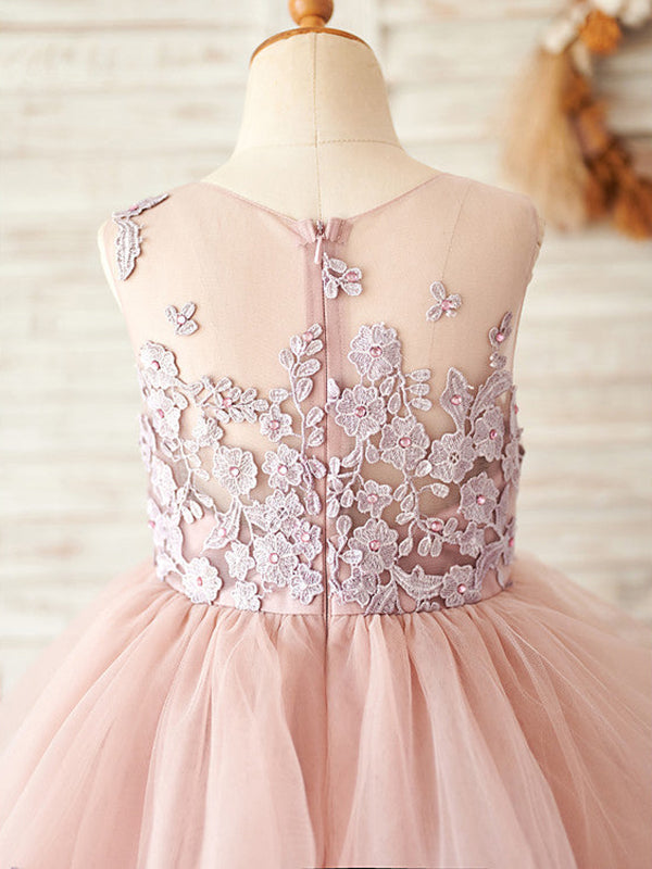 A-Linie Tüll Bodenlanges Rosa Blumenmädchenkleid 
