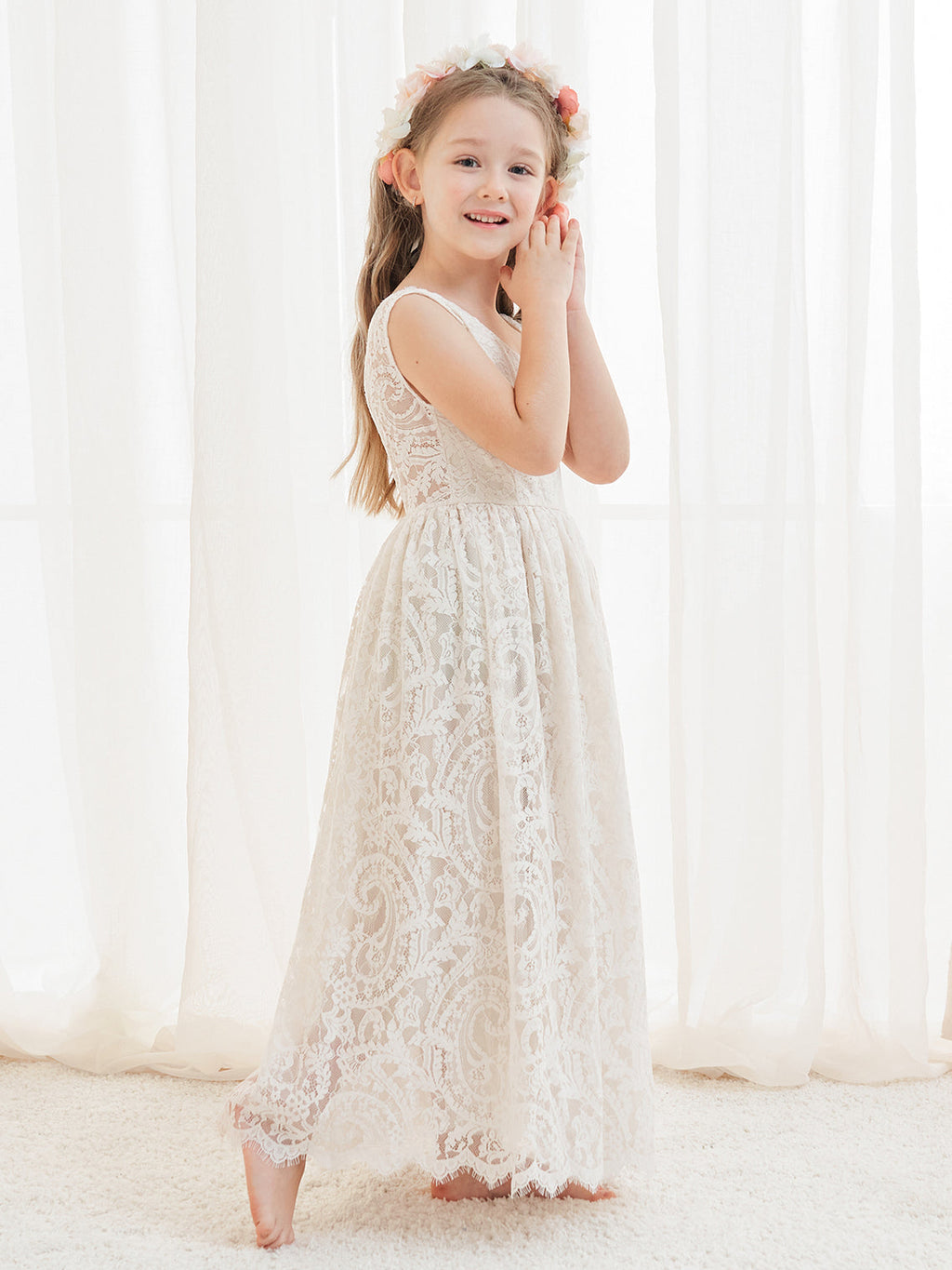 A-Linien-Spitze Knöchellanges Elfenbein Boho Blumenmädchenkleid 