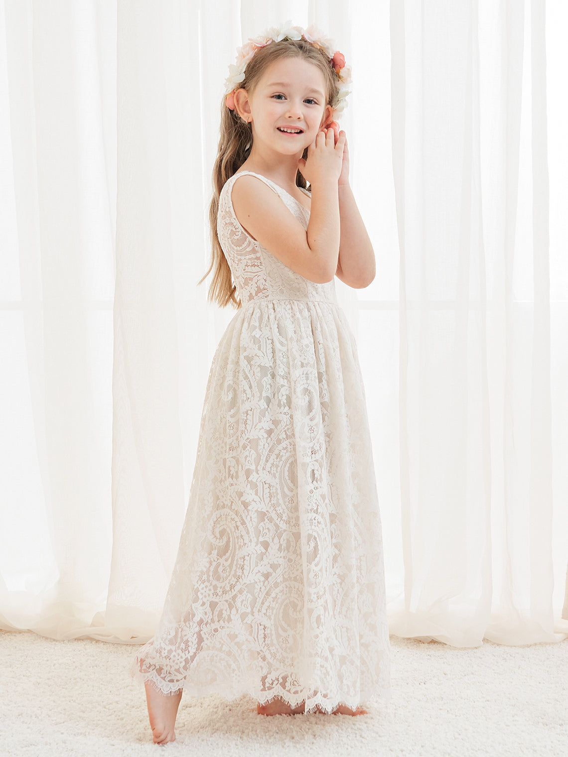 A-Linien-Spitze Knöchellanges Elfenbein Boho Blumenmädchenkleid 