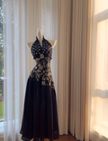 Elegante vestido de noche negro con cuello halter, estampado floral y lentejuelas, vestido de fiesta largo en línea A Y8568