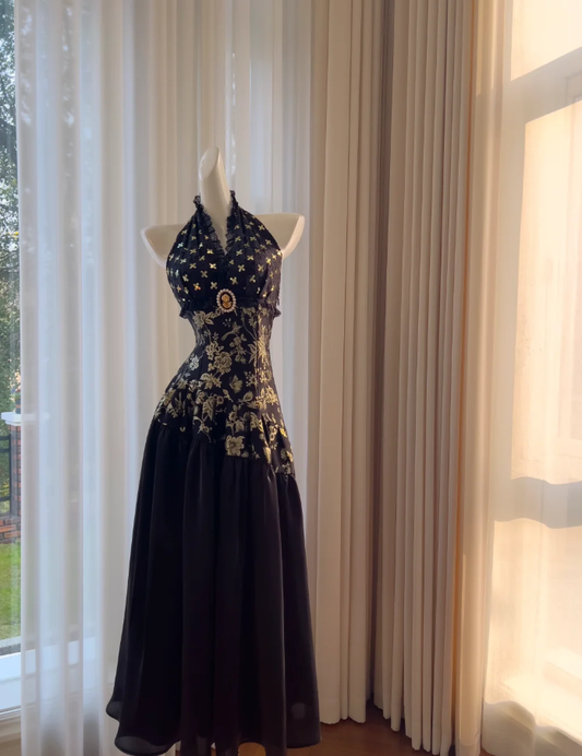 Elegante vestido de noche negro con cuello halter, estampado floral y lentejuelas, vestido de fiesta largo en línea A Y8568
