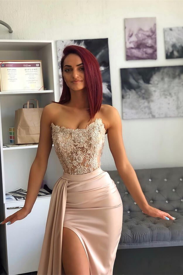 Vestido de fiesta largo de sirena con escote en forma de corazón, apliques de encaje y abertura