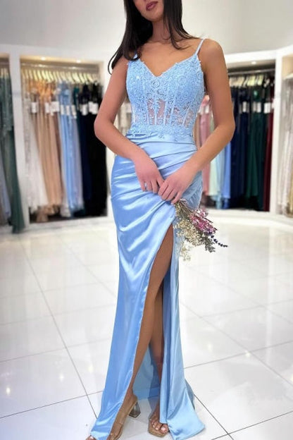 Modisches langes himmelblaues Meerjungfrau-Ballkleid mit Spaghettiträgern und Schlitz