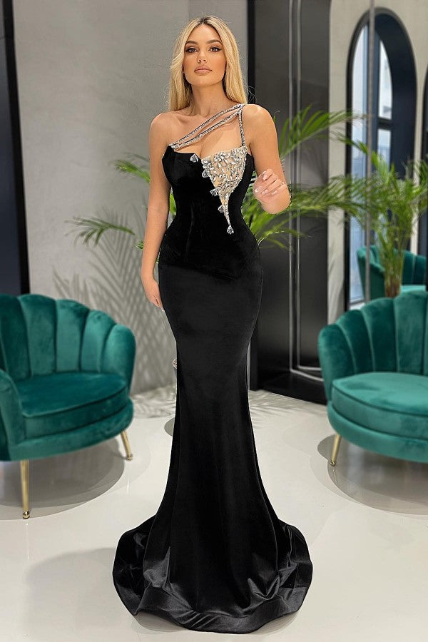 Langes schwarzes Meerjungfrau-Ballkleid mit einer Schulter und Strasssteinen
