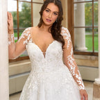 Pastrol Wedding Dresses Plus Size Long Sleeves Lace Up Bride Gowns Applique A-Line Tulle V-Neck vestido de noiva-payinti