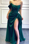 Vestido de fiesta formal de satén con un solo hombro, corte sirena, color verde oscuro y abertura