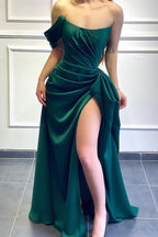 Vestido de fiesta formal de satén con un solo hombro, corte sirena, color verde oscuro y abertura