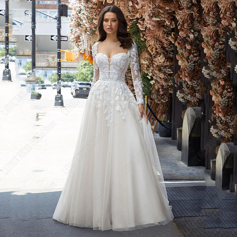 Wedding Dress A Line Removable Long Sleeve Bride Elegant Open Back Lace Bridal Gown Applique Tulle Vestido De Noiva-payinti