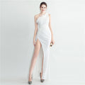 Hand Nailed Ostrich Feather Off Shoulder Sequined Evening Dress with Roman Collar