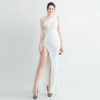 Hand Nailed Ostrich Feather Off Shoulder Sequined Evening Dress with Roman Collar