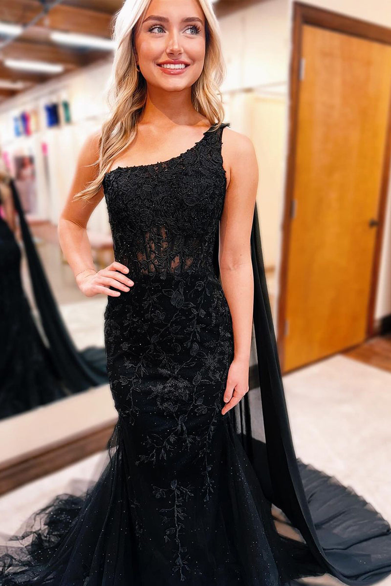 Vestidos de fiesta largos de sirena con apliques de un solo hombro en color negro