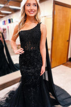 Vestidos de fiesta largos de sirena con apliques de un solo hombro en color negro