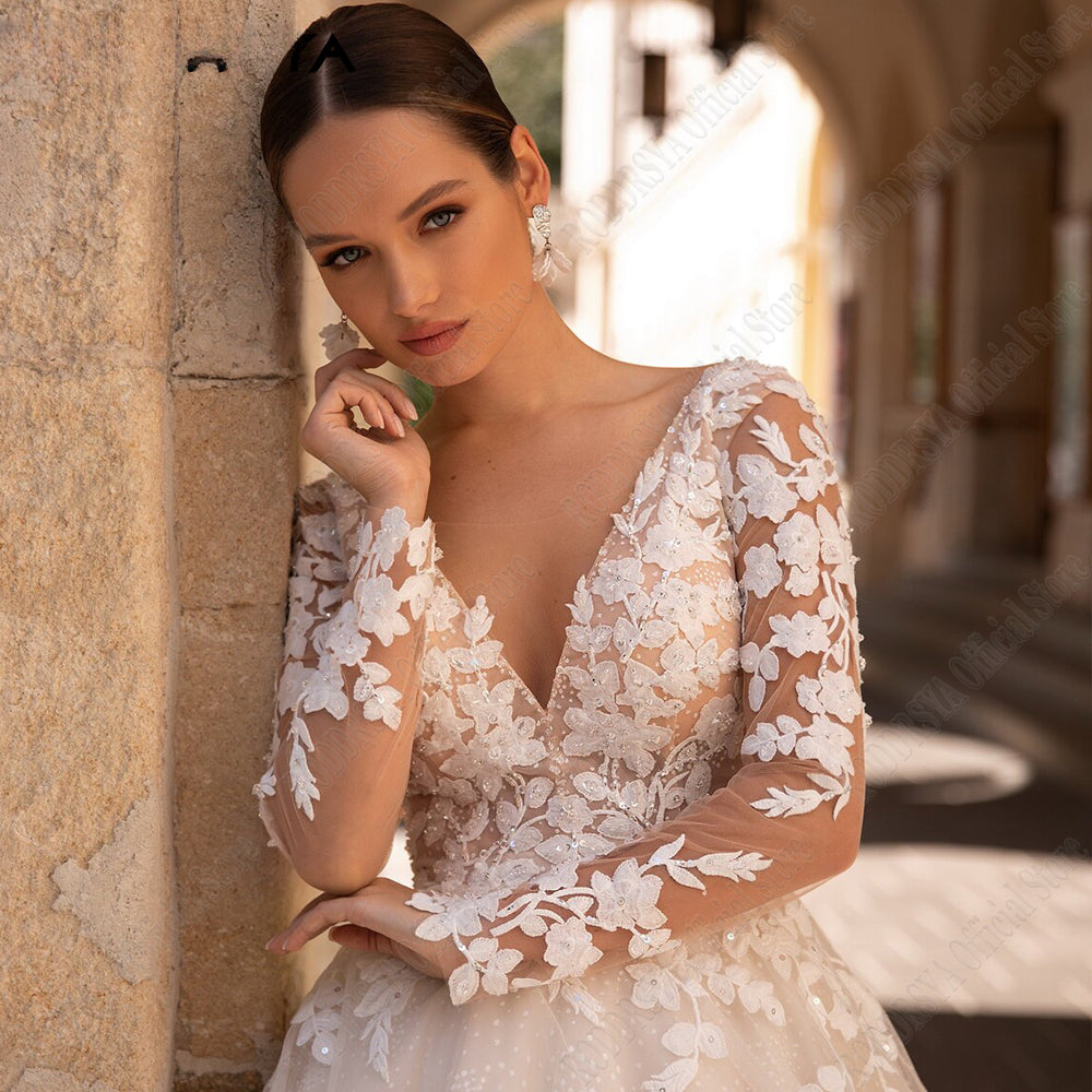 Exquisite Wedding Dresses Long Sleeves Sexy Backless Bride Gowns Applique Princess Tulle A-Line vestidos de novia-payinti