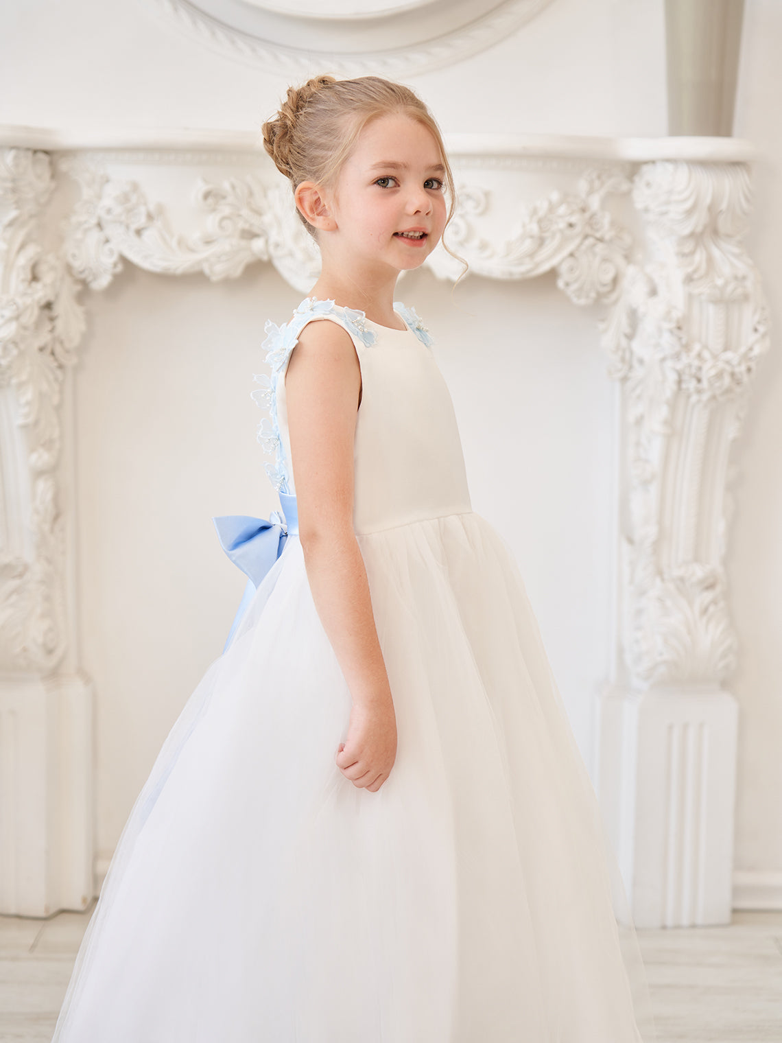 Vestido de fiesta/princesa con flores 3D de tul hasta el suelo color marfil para niña de las flores