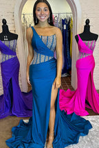 Laylani | Vestidos de fiesta largos de sirena azul con un solo hombro y cuentas
