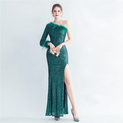 Craft Ostrich Feather Diagonal Shoulder Roman Collar Evening Dress