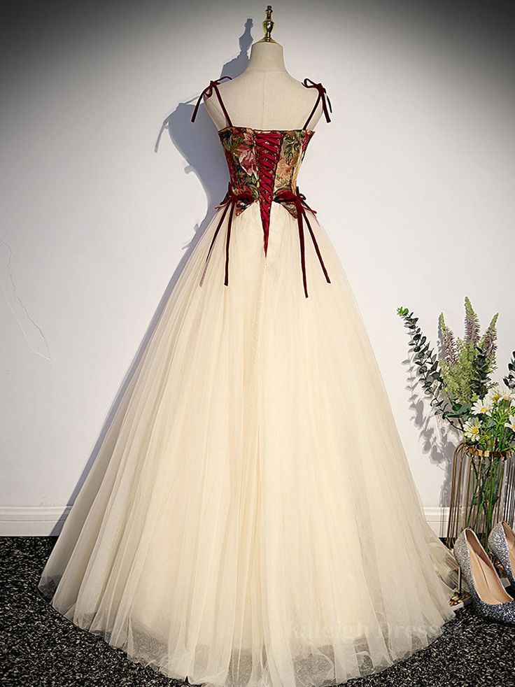 Vintage Tüll A-Linie Langes Ballkleid Spaghettiträger Abendkleid Ballkleid Y7662