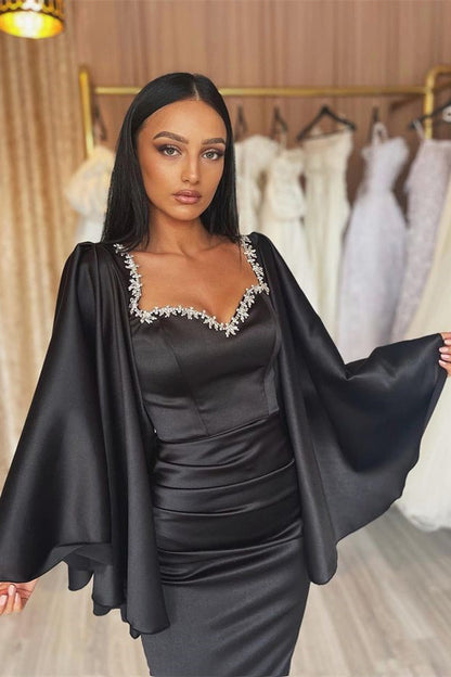 Schwarzes, langes, schulterfreies Meerjungfrau-Ballkleid aus Satin mit Ärmeln