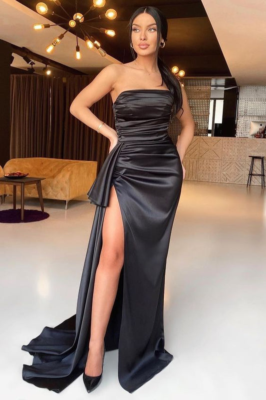 Schwarzes Meerjungfrau-Abendkleid ohne Träger mit Schlitz Y70