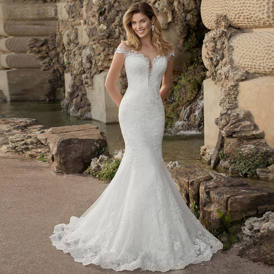 Mermaid Wedding Dress Women Charming Lace Appliques Bridal Gown Robe De Mariée Illusion Short Sleeves Gorgeous Boho-payinti