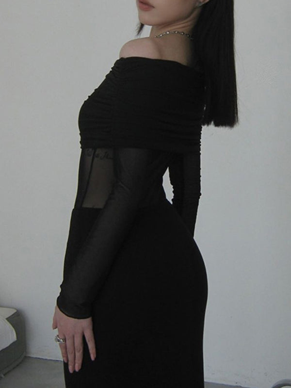 Long Sleeves Skinny Pleated See-Through Solid Color Split-Joint Off-The-Shoulder Evening Dresses Maxi Dresses