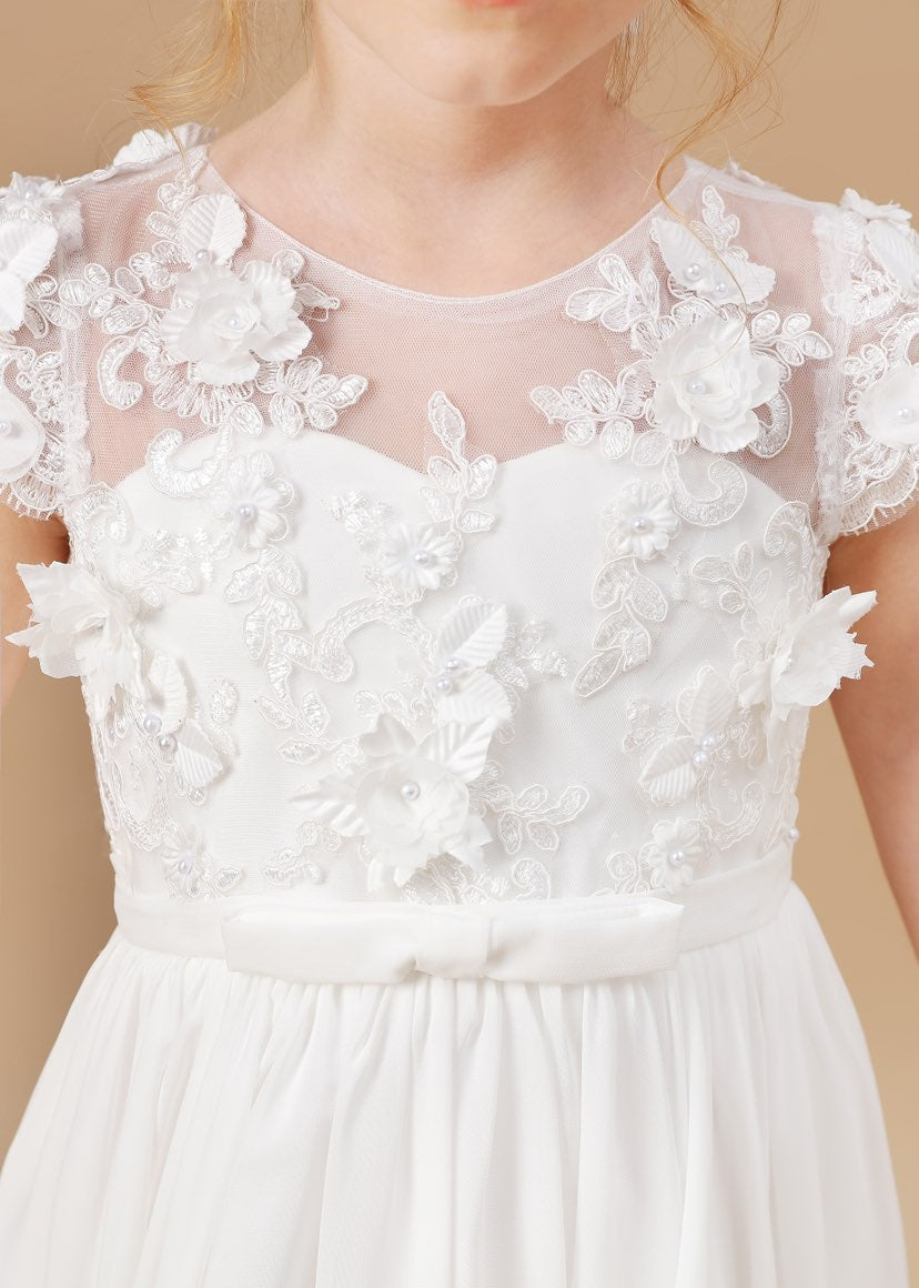 Bodenlanges elfenbeinfarbenes Kleid zur Erstkommunion aus Chiffon und Tüll 