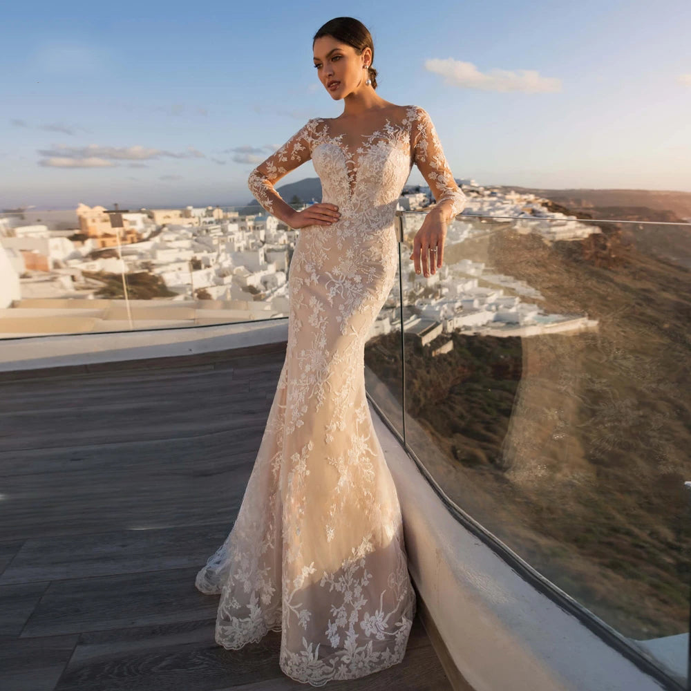 Gorgeous Long Sleeve Lace Mermaid Wedding Dresses Luxury Appliques Button Removable Train Horn Bridal Gowns Robe De Mariée-payinti