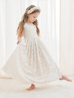 A-Linien-Spitze Knöchellanges Elfenbein Boho Blumenmädchenkleid 