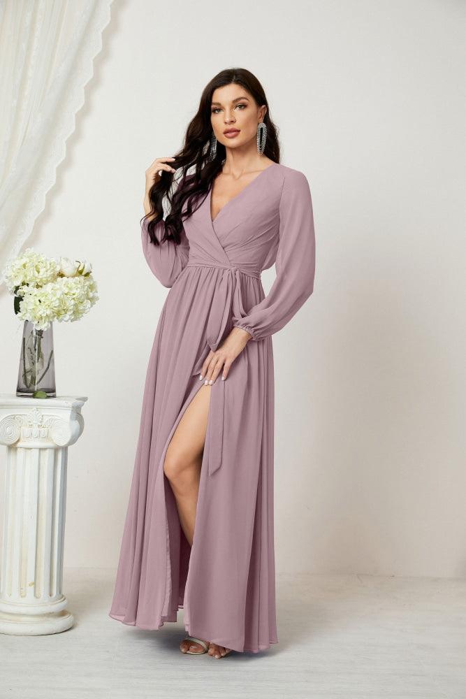 Vestidos de noche Sunnderly con escote en V profundo, gasa, para dama de honor, manga larga de obispo, abertura lateral, vestido formal SY2806 