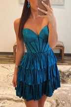 Deb | Vestido de fiesta corto con corsé, corte A, sin tirantes y con purpurina negra y cuentas