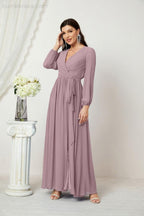 Vestidos de noche Sunnderly con escote en V profundo, gasa, para dama de honor, manga larga de obispo, abertura lateral, vestido formal SY2806 