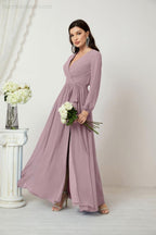 Vestidos de noche Sunnderly con escote en V profundo, gasa, para dama de honor, manga larga de obispo, abertura lateral, vestido formal SY2806 