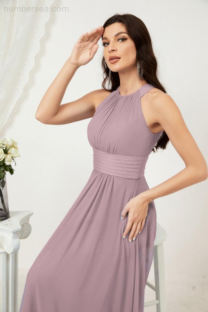 Vestido formal de fiesta Sunnderly de gasa con cuello halter, largo y sin mangas, para dama de honor SY2802 