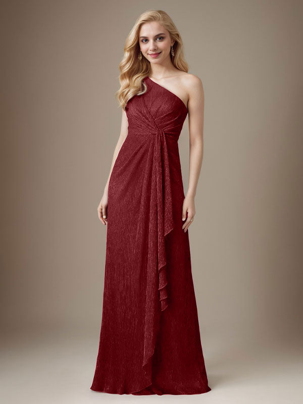 Vestido de madre de la novia con un solo hombro de malla metálica y corte rubí
