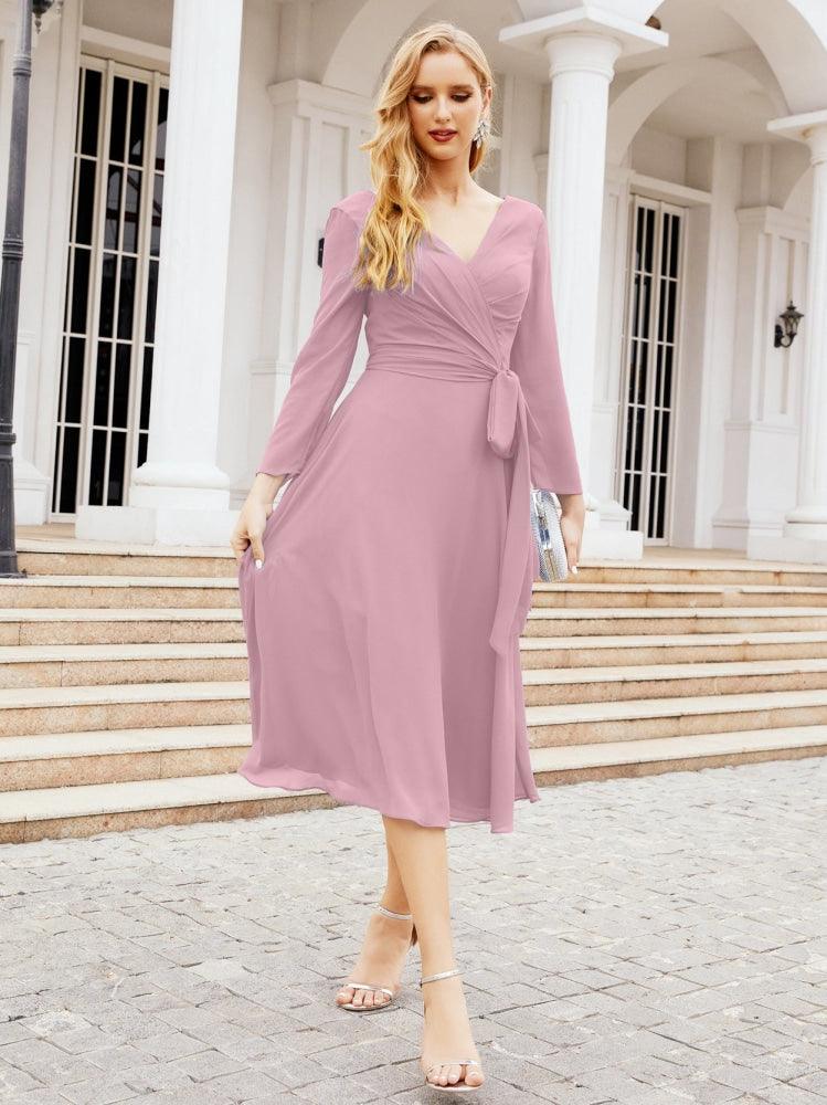 Vestido de dama de honor con escote en V y cinturón para madre de la novia, invitada de boda SY28031 