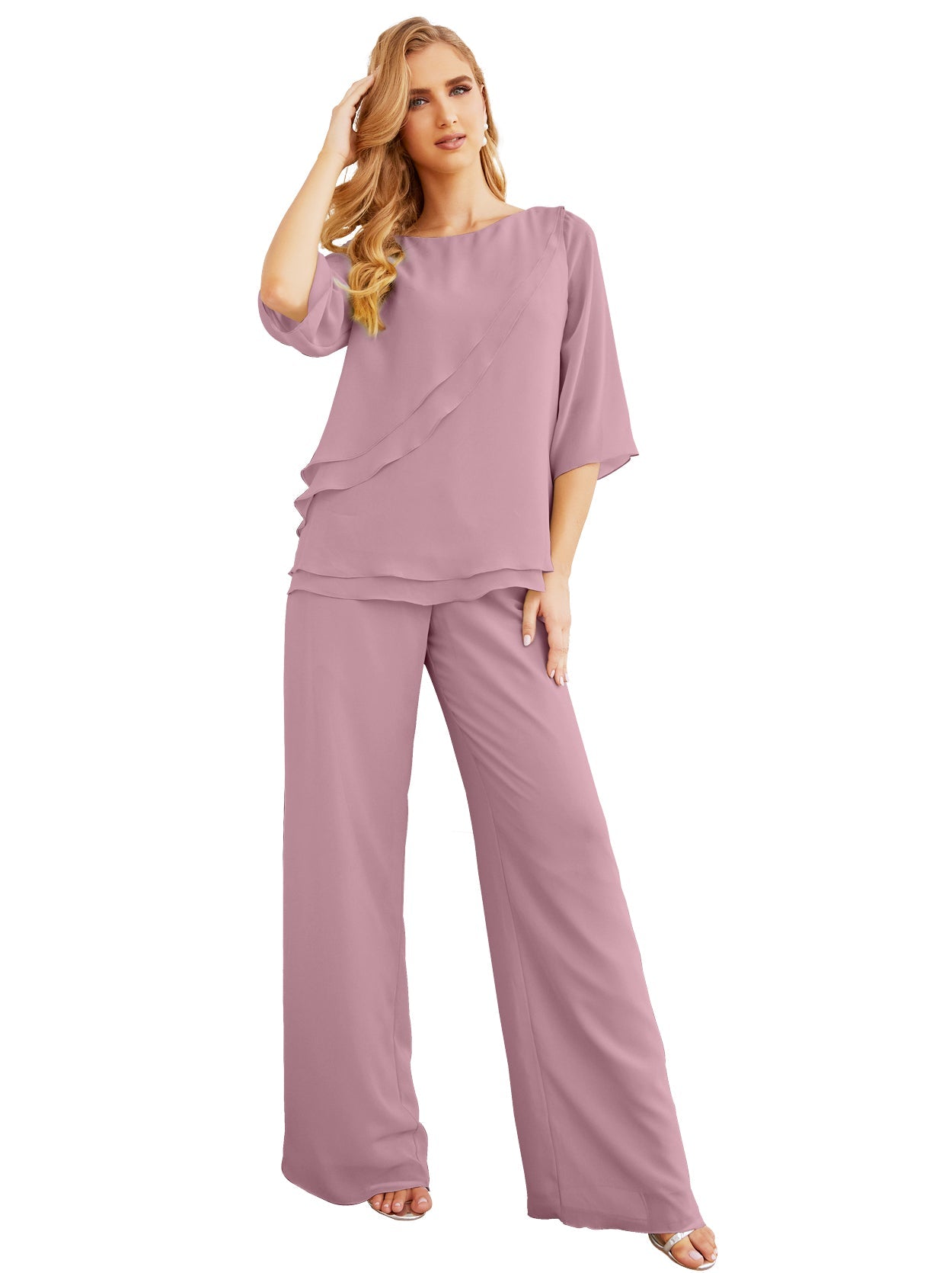 Elegante vestido de dos piezas para madre de la novia, talla grande, pantalón, capas con volantes, bata plateada SY28064 