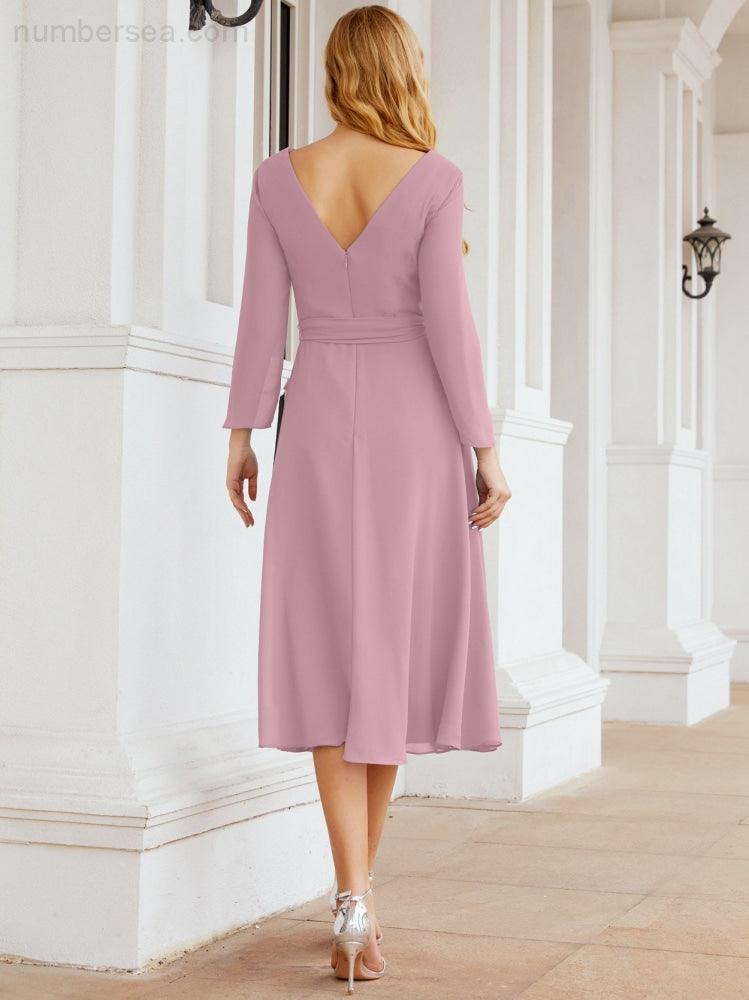 Vestido de dama de honor con escote en V y cinturón para madre de la novia, invitada de boda SY28031 