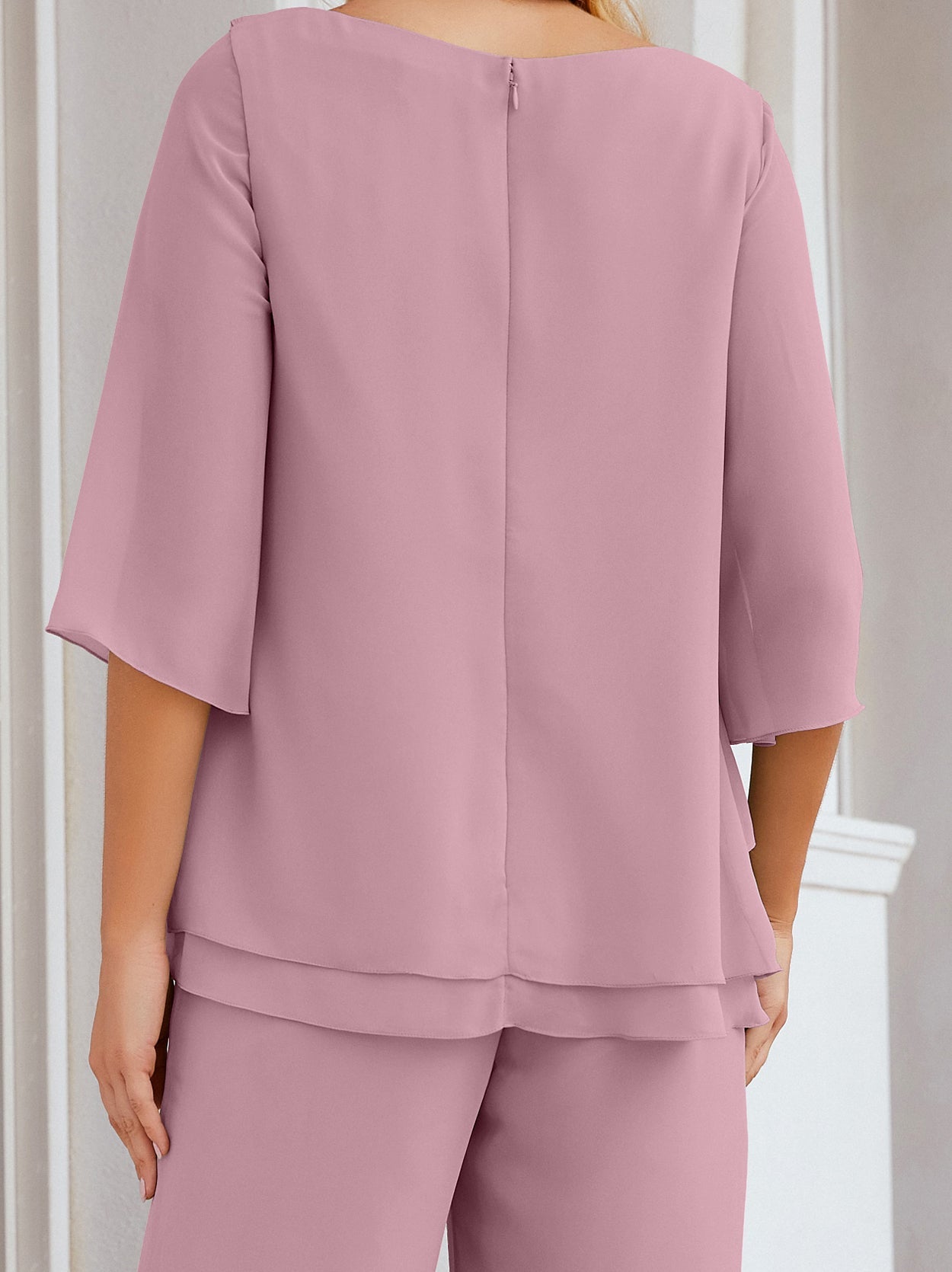 Elegante vestido de dos piezas para madre de la novia, talla grande, pantalón, capas con volantes, bata plateada SY28064 