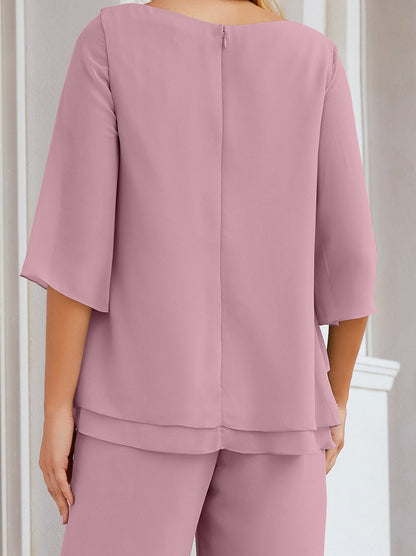Sunnderly Elegant 2 Piece Mother of The Bride Dress Plus Size Pant Suits Ruffle Layers Sliver Housecoat SY28064