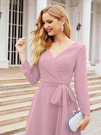 Vestido de dama de honor con escote en V y cinturón para madre de la novia, invitada de boda SY28031 
