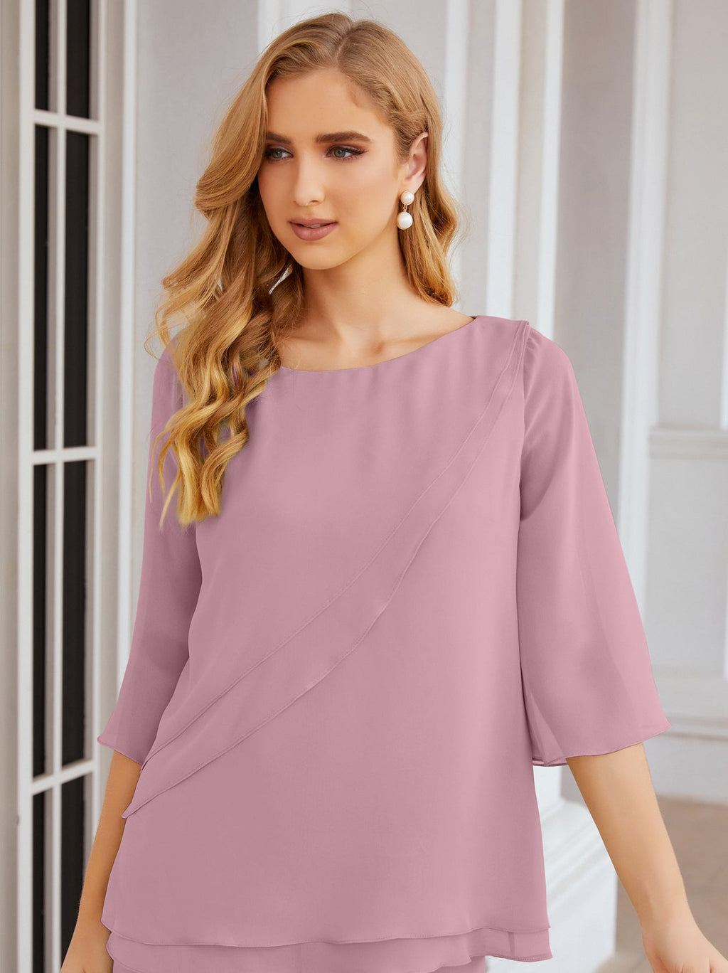 Elegante vestido de dos piezas para madre de la novia, talla grande, pantalón, capas con volantes, bata plateada SY28064 