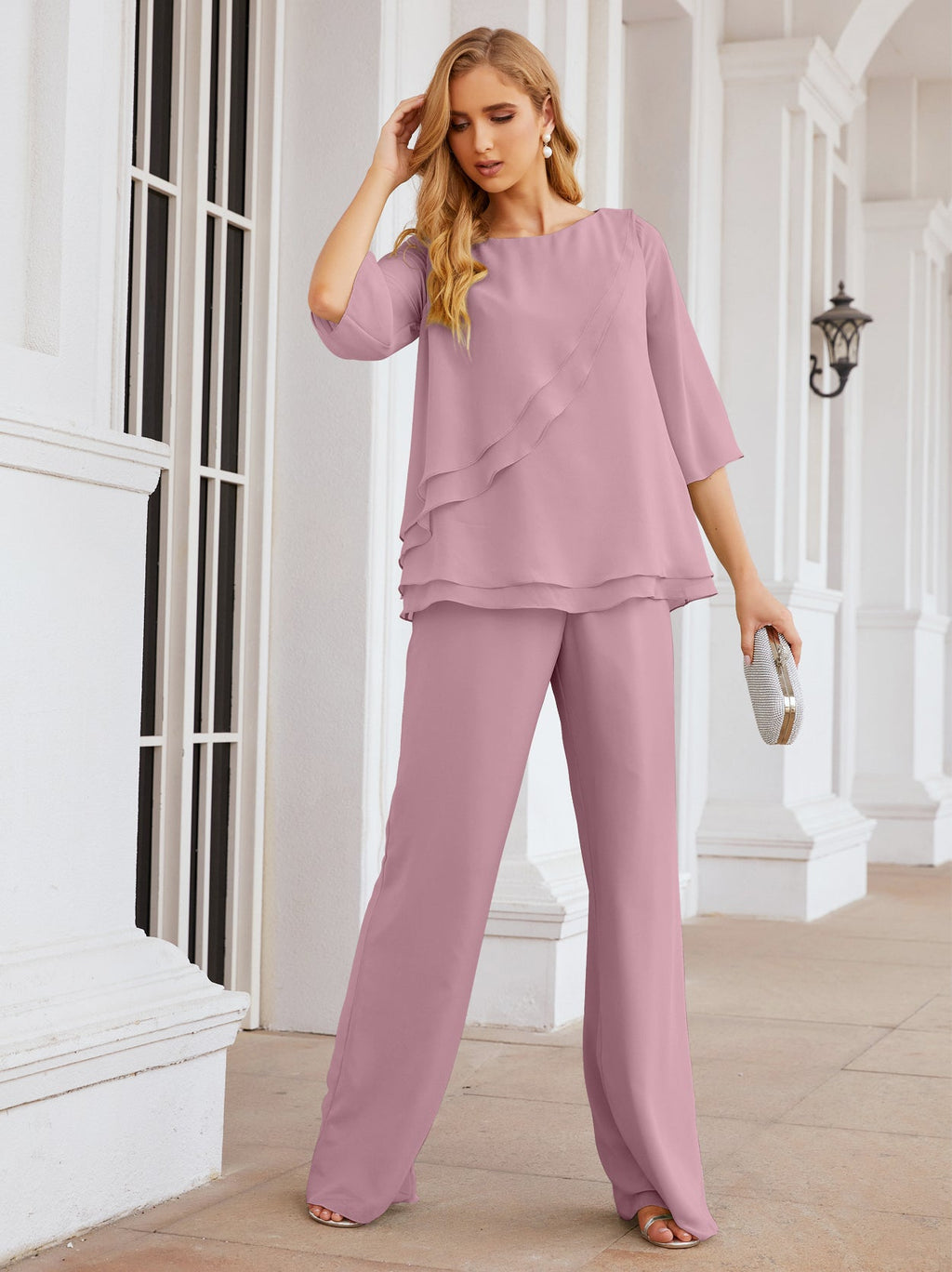 Elegante vestido de dos piezas para madre de la novia, talla grande, pantalón, capas con volantes, bata plateada SY28064 