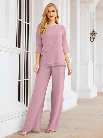 Sunnderly Elegant 2 Piece Mother of The Bride Dress Plus Size Pant Suits Ruffle Layers Sliver Housecoat SY28064