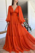 Iyla | Vestido de fiesta de gasa naranja hasta el suelo, vestido de noche de manga larga