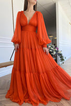 Iyla | Vestido de fiesta de gasa naranja hasta el suelo, vestido de noche de manga larga