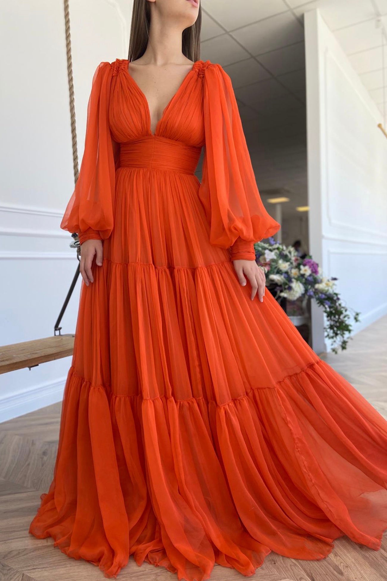 Iyla | Vestido de fiesta de gasa naranja hasta el suelo, vestido de noche de manga larga