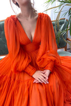 Iyla | Vestido de fiesta de gasa naranja hasta el suelo, vestido de noche de manga larga