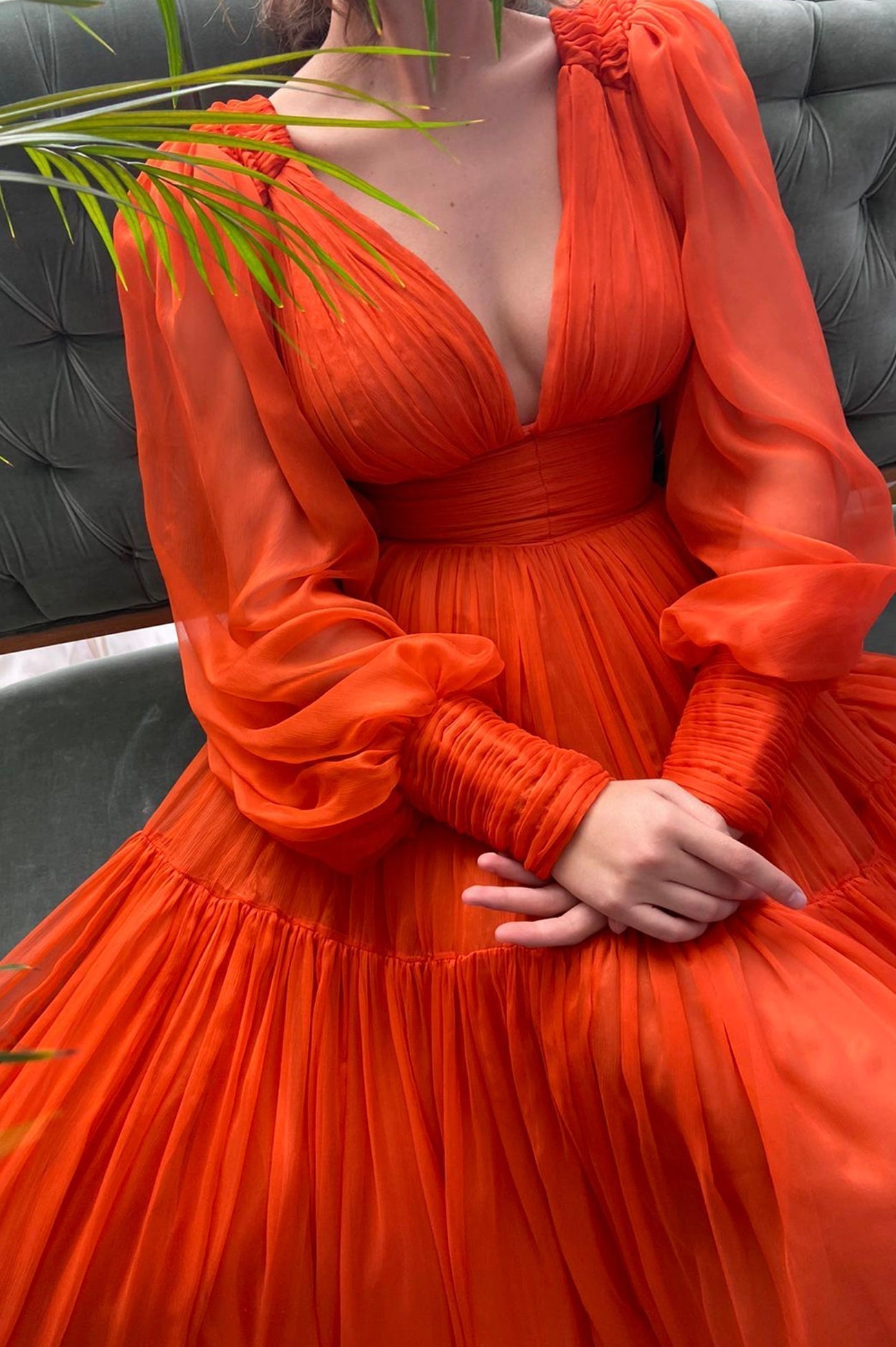 Iyla | Vestido de fiesta de gasa naranja hasta el suelo, vestido de noche de manga larga
