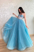 Mavis | Langes A-Linien-Ballkleid aus blauem Tüll, blaues Abendkleid mit Schnürung und Korsett