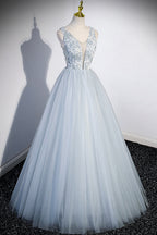 Angélica | Precioso vestido de fiesta largo de tul con escote en V, vestido de noche gris.